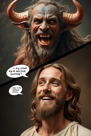 A two panel image split diagonally. On the top left panel there is a smiling face of a horrible horned demon with his mouth open. A speech bubble with letters spelling out "my child will keep scrolling". On the bottom right panel is the kind  face of Jesus, with a speech bubble with letters spelling out "My child will give buzz"
4k, masterpiece, make the text legible.