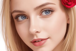 1girl, solo, blonde_hair, blue_eyes, flower, hair_ornament, hair_flower, realistic, rose, lips, looking_at_viewer, eyelashes, face, parted_lips, portrait, close-up, red_flower, blurry, red_rose, long_hair, eyebrows, nose, smile, teeth