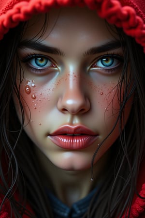 A close-up portrait of a person with wet hair and droplets of water on their face, wearing a red hood. The individual has striking blue-green eyes and a serious expression. The lighting highlights their facial features, creating a dramatic and intense atmosphere.