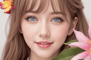 1girl, solo, blue_eyes, flower, hair_ornament, hair_flower, lips, looking_at_viewer, parted_lips, realistic, brown_hair, long_hair, blonde_hair, face, portrait, eyelashes, smile, blurry, teeth, close-up, leaf, pink_flower, eyebrows, depth_of_field