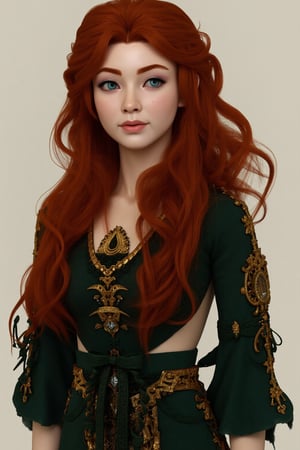 The image features a female character with long, flowing red hair and striking blue eyes. She has a fair complexion and is adorned in a dark green dress with intricate golden accents that suggest a fantasy or historical setting. Her pose is elegant, with her head turned to the side, giving a sense of contemplation or conversation. The background is minimalistic, with a neutral tone that allows the character to be the focal point.