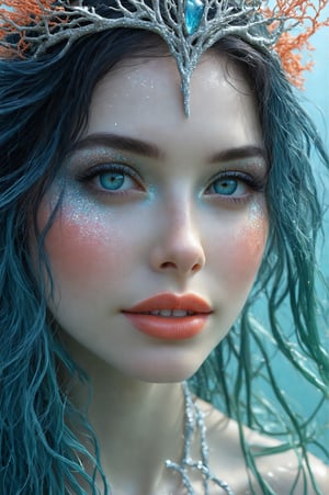 A close-up of a mermaid enchantress with smooth, iridescent skin that shifts through shades of blue and green. Her eyes are a deep, oceanic blue, and her long, flowing hair is a mix of dark blue and silver strands. She has a slight smile on her full, coral-colored lips, and her cheeks are dusted with a hint of shimmer. A delicate, seaweed-like crown rests on her head.