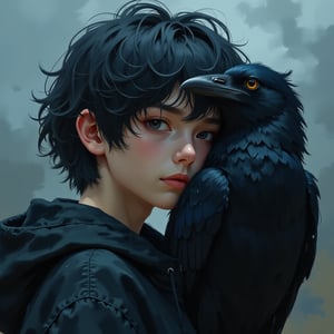 a girl holding a large black raven close to her face, eerie and mysterious, in the style of BSstyle004