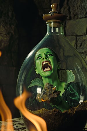 low quality 1980 movie screengrab of An upclose vivid portrayal of a fantastical scene. The main subject is a green-skinned woman, humanoid vampire screaming with visible fang while she is trapped inside in an object that appears to be a giant potion bottle. The woman is wearing a 17th century attire and her eyes are wide open, giving her an intense look. The background is dark, with a hint of a stone structure, possibly a temple or fortress, and there are flames at the bottom, adding to the magical ambiance. The overall color palette is dominated by earthy tones, with the green of the woman standing out against the darker surroundings ,vntgfnts style ,film grain,cinematic,blurry,lowres