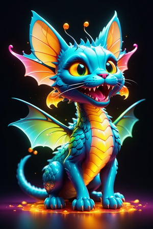 Vector logo Design of a dragon(cat)fly surrounded with florescent glowing gel, in the style of a colorful cartoon, open mouth fireball within. vibrant, Masterpiece, (32k), perfect anatomy, enhanced resolution, best quality, enhanced details, best artist, sharp edges, detailed textures, ((full body shot)), atmospheric lighting, visually stunning, perfect composition, trending on behance