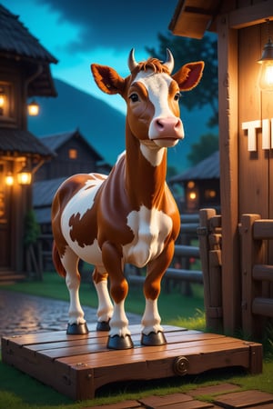 Cow standing next to wooden sign with the text 'Tip Me' on it. vibrant, Masterpiece, (8k), (32k), highest-quality, intricate details, highly detailed, best artist, micro-details, micro-details within the micro-details, sharp edges, detailed textures, full body shot, full body cinematic, atmospheric lighting, visually stunning, perfect composition, trending on artstation