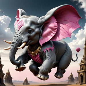 Dubbo baby flying elephant Grey body and pink ears.. , sf, intricate artwork masterpiece, ominous, matte painting movie poster, golden ratio, trending on cgsociety, intricate, epic, trending on artstation, by artgerm, h. r. giger and beksinski, highly detailed, vibrant, production cinematic character render, ultra high quality model