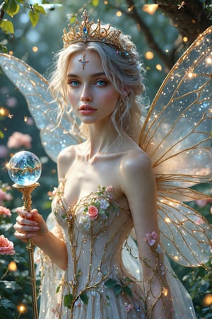  A regal fairy queen with delicate, translucent wings that flutter softly behind her. Her skin is pale and luminous, almost glowing with an inner light. Her hair is a cascade of golden threads that seem to shimmer with starlight. She wears a flowing, gossamer gown that is embroidered with intricate patterns of flowers and vines. Her eyes are a bright, sparkling blue, and her lips are a soft, rosy pink. She holds a delicate, glowing staff topped with a crystal orb, and a small, glittering tiara adorns her forehead. She stands in a magical garden, surrounded by blooming flowers and glowing fireflies.