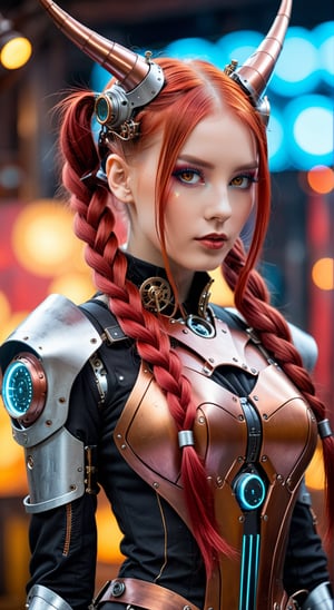 Sci-fi surrealism, Anaglyphic absurdity in steampunk style, Cyber-punk, Atom-punk, Cybernetic beautiful woman robot on the fashion show, Long flowing red hair braided in pigtails, intertwined horns, silver and bronze. bokeh background