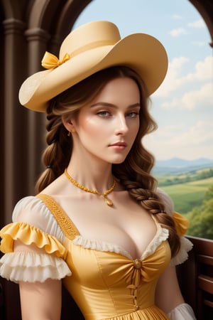 a lady with a beautiful face, dressed in butter-coloured dress, with braided hair, in a butter-coloured hat, looking to the left;