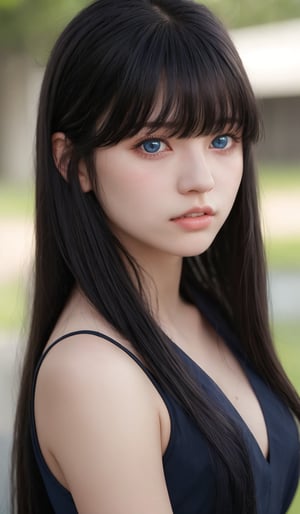 1girl,long hair,bangs,blue eyes,black hair,upper body,parted lips,teeth,solo focus,blunt bangs,blurry,lips,blurry background,realistic,nose

