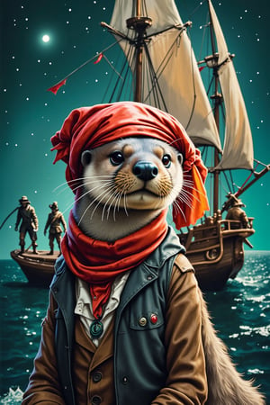 an otter, dark brown fur, black eyes eyes, short sleek fur, wearing an old fashioned pirates outfit with headscarf, old fashinoned sailing ship with human pirates in the background, triadic colors, vibrant colors, complex background, (watercolor painting:3), High detail, rich, intricate details, dark green background, night, natural realistic face proportions