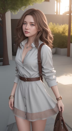 shy Australian 26 year old female with short, wavy brown hair and hazel eyes, pale skin. Dress is business-casual and she wears a small silver locket., ultra hd, realistic, vivid colors, highly detailed, UHD drawing, pen and ink, perfect composition, beautiful detailed intricate insanely detailed octane render trending on artstation, 8k artistic photography, photorealistic concept art, soft natural volumetric cinematic perfect light