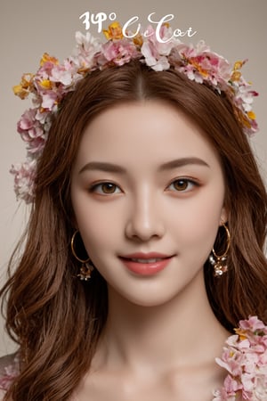 female, solo, human, feral, hair, long_hair, smile, flower, garland, looking_at_viewer, mammal, hi_res, flower_in_hair, wavy_hair, floral, digital_media_(artwork), 3d_(artwork), human_focus, not_furry_focus, flower_garland, 1girl, jewelry, earrings, realistic, long hair, looking at viewer, hoop earrings, brown eyes, brown hair, portrait