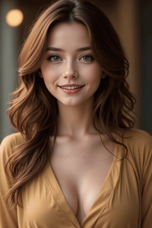 photorealistic , beuty, girl, curly brown hair, long disheveled windy hair, warm smile,  leaned forward, loosened v neck blouse, brown eyes, high cheekbones,  button nose, diamond jawline, forrest, 40 years old

Detailed, cinematic, hyper-realistic, 4k, hd, hdr, masterpiece, perfect composition, beautiful details, incredibly detailed, 8k fine art photography, photorealistic natural volumetric cinematic light, seamless fluid photography, award-winning masterpiece,