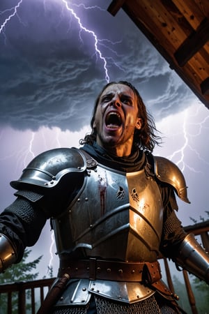 (medium full shot , wide angle view) of undead knight screaming, detailed face, located in a horrifying scene at a haunted cabin during foggy night with thunderstorm weather, illuminated by spectral light, creating a suspenseful atmosphere, ,Masterpiece,best quality, photo, realistic, very aesthetic, DonMn1ghtm4reXL