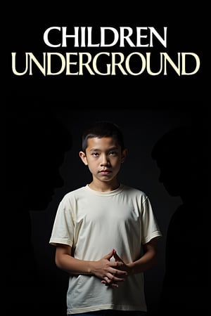 a movie poster for the film "Children Underground". It features a young boy standing in the center of the poster with his hands clasped in front of him. He is wearing a white t-shirt and has a serious expression on his face. The background is black and there is a shadow of a person on the right side of the image. Above the boy, there is text that reads "CHILDREN UNDERGROUND" in white capital letters. The overall tone of the movie is dark and ominous