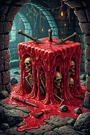 famous artwork, highly detailed pulp comic-style image of a crimson red gelatinous cube oozing through a dark, eerie dungeon, the cube has a thick, semi-translucent texture with an ominous crimson red hue, its surface is gooey, organic and uneven, capturing the classic, bold inking style of vintage comics, inside the cube, remnants of skeletons, weapons, and armor are suspended, partially dissolved and adding to its menacing appearance, the background is a shadowy, dungeon corridor with crumbling stone walls, flickering torches casting dramatic shadows, and cobwebs hanging from the ceiling, the scene is illustrated with vibrant colors, heavy shading, and thick, expressive lines, evoking the dramatic and suspenseful atmosphere of classic pulp comics, the overall tone is both adventurous and sinister, highly detailed background, 