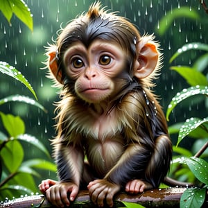 Poor baby monkey! It is raining in the forest and it cannot play with the other little animals of the place. The baby monkey waits quiet and rather sad, under the rain, for the sun to appear.