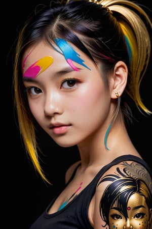 masterpiece, high quality photo, cool tone, (black simple background), colorful cute-girl carved on gold, (wide shot), unpleasant look, drtailed face,INK,ink