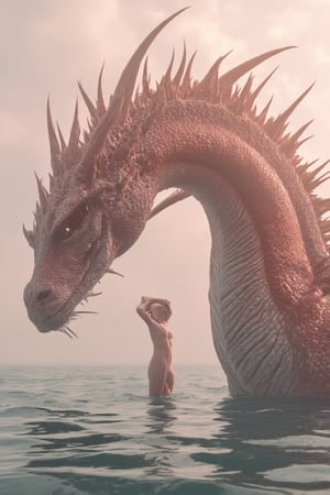 hyper realistic and highly detailed, highly dynamic cinematic panorama view, a beautiful young woman is standing in the water next to a gargantuan dragon, in the style of fantasy scenes, realistic detail, magewave, ferrania p30, Bisque and Blush Pink hue, atmospheric haze, panoramic zoomed out view, highly dramatic lighting, MythP0rt
     