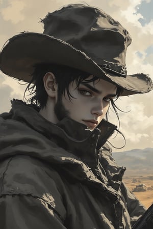 nistyle, monochrome manga sketch, A Closeup Portrait of a cowboy, extreme Closeup of His Face - shrouded in mystery. He wears a, tattered high collar coat that billows dramatically in the wind, creating a striking contrast against the rugged landscape. Hyperdetailed badass Closeup, hyperdetailed, deadly Gaze, bleaked orange and Grey beige moody cloud Sky and Desert Background, Holding gun,in the style of BSstyle004