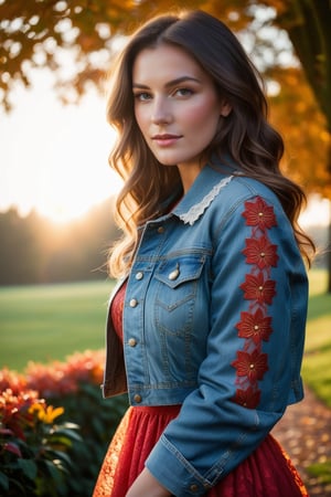 The DSLR camera focuses intimately on a woman's visage, revealing the faintest glimmer of joy in her eyes. Her skin is bathed in the soft, golden light of a late afternoon sun, casting a celestial glow. She's adorned in a vintage denim jacket, a contrast to the delicate lace of her dress beneath. The light falls from the side, creating a dynamic contrast and depth. Behind her, an autumnal park blurs into a mosaic of oranges and reds, the overcast sky hinting at the crisp chill of an impending evening. The atmosphere is one of quiet anticipation, the season's turn captured in a single, ephemeral moment.