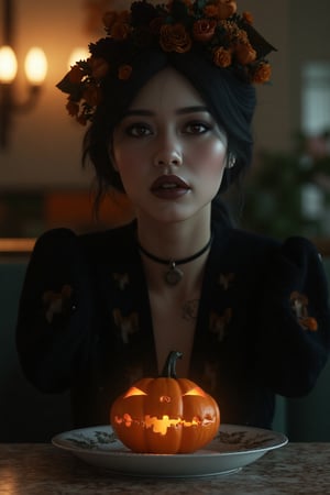 Ultra detailed digital art masterpiece, face portrait, mysterious dark fairy woman , a cute pumpkin creature like a tiny fairy on a ceramic plate on table, realistic black rose pumpkin, ultra detailed american diner house, in year 1890, victorian style, rose flower style, Bone🦴 decor on table, white marble, victorian decals,  perfect lighting, elegant, Tom Bagshaw, Anne Bachelier, unreal engine 5 nanite quality, mixed with dark elements, dark environment, very dark night , clean dark velour fairy clothing , dark washed out eyeliner, no make up, natural face, nose piercing, abstract , big shiny eyes, ultra detailed atmospheric details, beautiful glowing effects , sparkle effects , realistic body proportions , beautiful face proportions, complex masterpiece, wild hair style, creative glowing detailed tattoos, complex physics, enhanced colors, complimentary colors, ultra detailed raytracing reflections, Ultra detailed complex background, environment feels alive, direct eye contact, by Bon