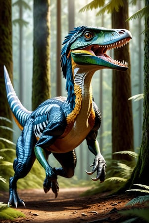 troodon, opening mouth, sharp teeth, running in forest, (masterpiece),((ultra-detailed)), (highly detailed CG illustration),(expressionless), (best quality:1.2), High quality texture, intricate details, detailed texture, High quality shadow