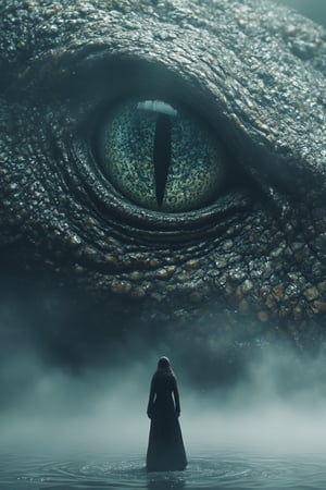 a striking and surreal scene that combines elements of both the natural world and fantasy. Dominating the composition is a massive, reptilian eye, filling almost the entire frame. The eye is highly detailed, with a slit-like pupil that suggests it belongs to a large, powerful creature, perhaps a dragon or another mythical being. The texture around the eye is rugged and scaly, giving the impression of ancient, weathered skin. In the lower portion of the image, a solitary human figure stands before the eye, dressed in a flowing black robe. The figure is tiny in comparison to the colossal eye, emphasizing the vast difference in scale and power between the two. The person stands on a surface that appears to be water or mist, which reflects the eerie, otherworldly light that surrounds the scene. The atmosphere is misty and dreamlike, adding to the sense of mystery and awe. Overall, the image is both dramatic and thought-provoking, blending cultural elements with a fantastical imagination to create a visually captivating scene.