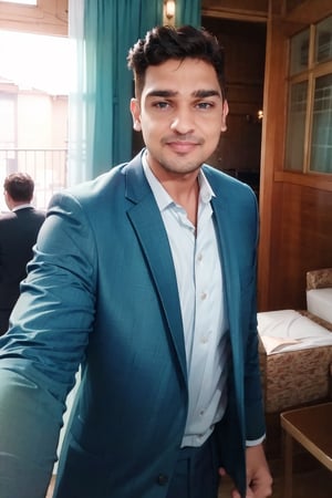 1boy, masterpiece, handsome, looking at viewer, blue eyes, 30yo, two piece suit, silky smooth hair, Taper Fade hair style, medium hair,cute smile, Jacket over shoulder, side pose, walking, 