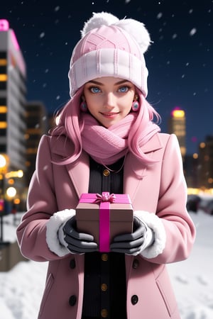 1girl, solo, long hair, breasts, looking at viewer, smile, blue eyes, gloves, hat, holding, jewelry, closed mouth, standing, pink hair, cowboy shot, earrings, outdoors, white gloves, scarf, sweater, lips, coat, night, white headwear, building, box, pom pom \(clothes\), snow, gift, snowing, city, realistic, beanie, gift box, winter clothes, holding gift, winter, pink scarf, incoming gift