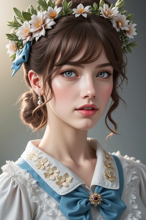 female, solo, human, feral, clothing, hair, flower, looking_at_viewer, mammal, brown_hair, hi_res, digital_media_(artwork), 3d_(artwork), human_focus, not_furry_focus, domestic_dog, 1girl, brown hair, looking at viewer, realistic, parted lips, bow, blue eyes, blue bow, upper body, jewelry, lips