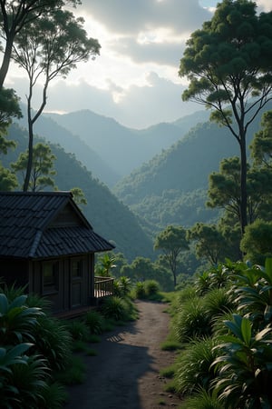 a small house on the left side of a path leading uphill to tropical teak forest on the hills. Amazing details, breathtaking, dramatic angles, eerie sky, delicate, contrast, perfect lighting and  reflections,unreal engine 5, RTX on,ultra HD, 8k, masterpiece