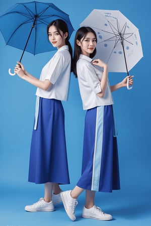 two female Taiwanese model holding different umbrella pass across each other and display umbrella, the umbrella design featuring indigo and white primary colors to evoke a lively and innovative ambiance, chemical icon designs encircle the central 'DU DU' logo ,long shot, full body shot ,hyper-realistic ,high resolution , natural light ,HRD.