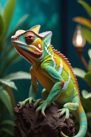 A breathtakingly realistic image of a chameleon perched on an intricately designed miniature diorama, bathed in cinematic lighting that accentuates the reptile's vibrant colors and textures. The camera frame is tight, focusing attention on the subject's delicate features, from the intricate patterns on its skin to the tiny details of its tiny eyes. The background is a blurred, yet textured, environment, adding depth and context to the scene. Every aspect of this masterpiece, from the chameleon's pose to the diorama's design, is crafted with exceptional attention to detail, resulting in a true work of photorealistic art.
