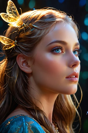 Chiaroscuro, volumetric lighting :: by Susan Seddon Boulet, profile of a beautiful girl with fireflies, her face in golden light
 , golden ratio details, 32k uhd, fantasy, intricate, decadent, highly detailed, digital painting, ever after high, octane render, artstation, concept art, smooth, sharp focus, illustration, art by artgerm, loish, wlop. (heartwarming, uplifting, charming), (UHD, masterpiece, detailed eyes, detailed face, highest quality), (light leaks, subsurface scattering, rim light, beautiful lighting and shading, deep background, vibrant complementary colors, sharp focus) easynegative, extremely detailed, hkstyle, bright blue eyes, blue eyes, perfecteyes