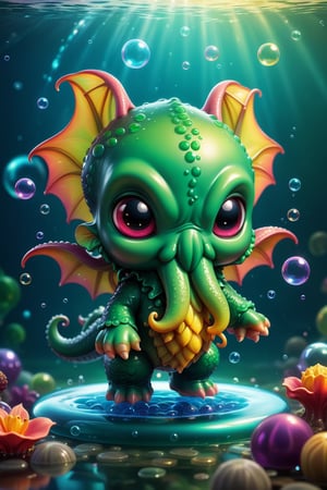 an extremely cute chibi, cthulhu, who is very friendly and doesn't look evil at all, in the style of a colorful cartoon. Floating on bubbles and gel. vibrant, Masterpiece, (32k), perfect anatomy, enhanced resolution, best quality, enhanced details, best artist, sharp edges, detailed textures, ((full body shot)), atmospheric lighting, visually stunning, perfect composition, trending on behance