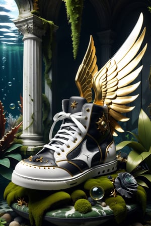 High definition photorealistic render of an incredible and mysterious luxurious abandoned shoes with wing, with vining plants and moss, made in white marble with black and gold details in classic abandoned ornament and located on the seabed, with fish sharks marine life, aquatic plants, sea beds, shells and explosion of bubbles
