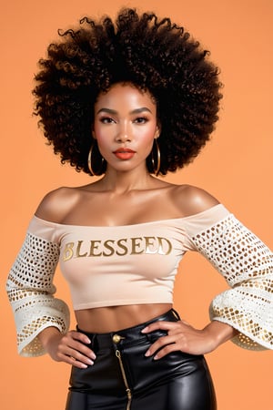 Illustration of a woman exudes confidence, brown complexion, strong jawline, cheekbones, full lips, bold lipstick, voluminous textured afro with intricate gold script inscribed words like Independent, Blessed, giving life to reinforce an image of strength, confidence, resilience, adorned in a peach-colored top with crochet sleeves revealing collarbone, paired with a dark skirt or pants, empowering presence, white background