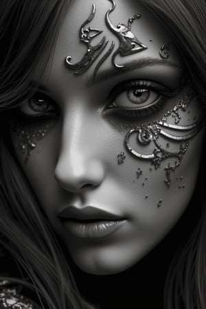 (Black and white, intricate details, close-up of a woman's face with an intricate design, 3DCGI anime fantasy artwork, necro, detailed patterned skin, abstract fragments, impressive eyes, mixed media, 3D rendering Silver painting, symmetrical beauty, ambient occlusion rendering, psytrance), Detailed Textures, high quality, high resolution, high Accuracy, realism, color correction, Proper lighting settings, harmonious composition, Behance works,ct-niji2,xxmix_girl,goth person