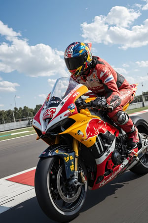 a moto gp girl riding red bull motor bike in high speed on racing track