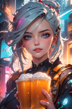 Hyperrealistic, close-up portrait of a radiant gray-haired cyberpunk girl, clad in futuristic attire and emblazoned with neon accents, holding a beaded iced glass of beer that drips onto a sizzling summer asscrain, surrounded by a whirlwind of detailed, suspended pizza slices, creating a dynamic and complex visual narrative.