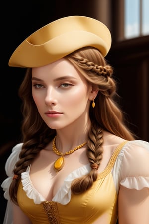 a lady with a beautiful face, dressed in butter-coloured dress, with braided hair, in a butter-coloured hat, looking to the left;