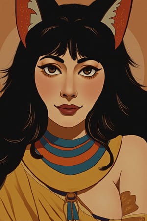 (by Loish, Leyendecker, James Gilleard), perfect anatomy, a beautiful catgirl 'meow' in Ancient Egypt, circa 1st century BCE, (long black hair, (cat ears), freckles:1.2), smiling, fun, playful, extremely detailed, More Detail XL,