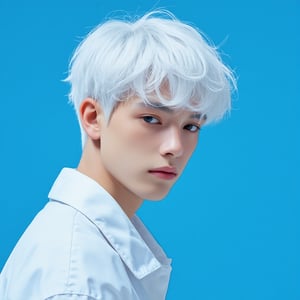 white-haired young man, extremely simple, large-scale blue, brightly colored board, dark white and light blue, in the style of BSstyle004