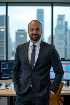 "A well-dressed businessman in a suit and tie standing confidently in a modern office with a cityscape background."
"A businessman sitting at a desk, surrounded by high-tech gadgets and a large monitor displaying charts and graphs."