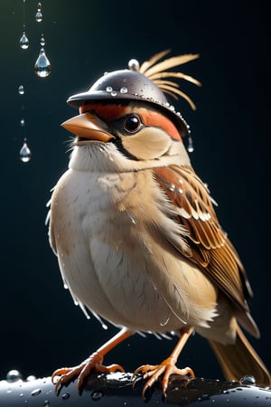 low angel, This striking image features a sparrow with a felt hat perched elegantly atop its head its feathers glistening with water droplets. The dark background adds to the mystery and intrigue of the scene, creating a sense of depth and contrast. The level of detail in the bird's feathers hat and even the water droplets is astounding making it a true masterpiece of digital art. The use of computer graphics and the Unreal Engine ensures that every aspect of the image is highly rendered, capturing every nuance of light and shadow. The style of the artwork is reminiscent of Chris LaBrooy's surreal and imaginative compositions blending elements of nature and fantasy into a visually stunning whole.,  dvr-lnds-sdxl   