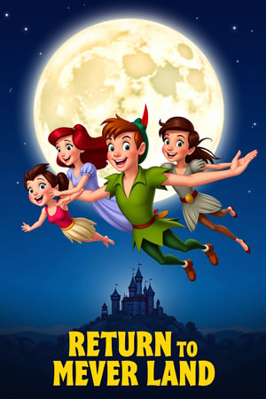 a movie poster for the animated film "Return to Never Land". It features a group of characters from the movie, including Peter Pan and his friends, flying in front of a full moon. The characters are all smiling and appear to be in a playful mood. The background is a dark blue sky with stars and a castle in the distance. The title of the movie is written in yellow text at the bottom of the poster.