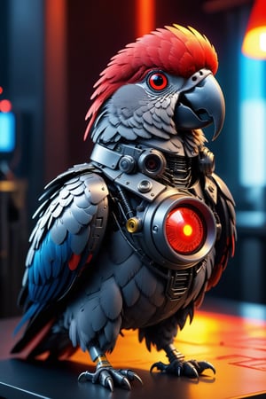 Robo parrot cosplaying as the terminator. One red glowing eye. Centered, mesmerizing, solo, vibrant, Masterpiece, (8k:1.5), enhanced resolution, best quality, enhanced details, best artist, sharp edges, detailed textures, ((full body shot)), atmospheric lighting, visually stunning, perfect composition, trending on behance
